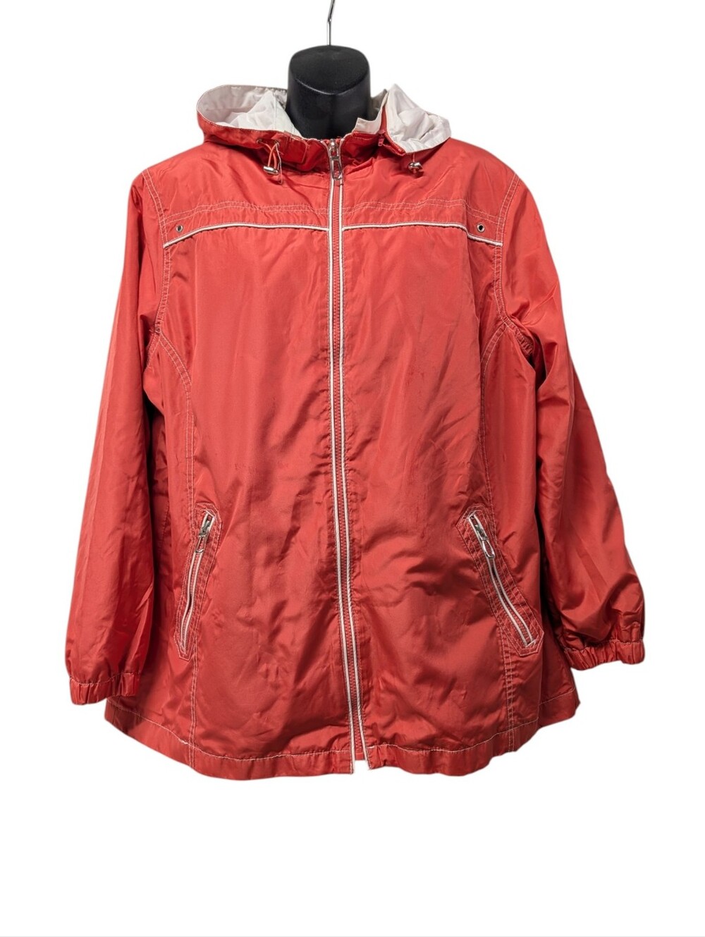 Studio Works Womens Plus Size 1X Hooded Jacket Zip Front Rain Shell Orange White